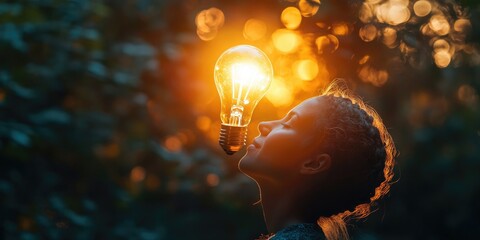 Wall Mural - A lightbulb glowing brightly over a person's head, symbolizing the moment of inspiration and the birth of an idea