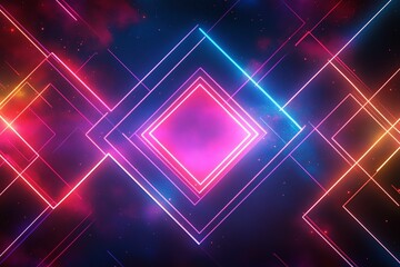 Poster - Abstract glowing neon lines and squares with cosmic dust and stars background.