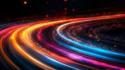 Abstract circular light streaks in red, orange, yellow, blue, and pink on a black background.