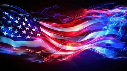 Fototapete - A vibrant and dynamic neon light effect American flag waving against a dark backdrop. Glowing lines and stars create an abstract design symbolizing freedom, peace, diversity, and unity. The dynamic li
