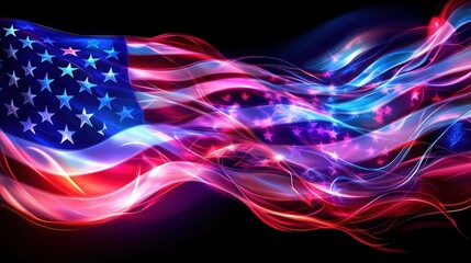 Fototapete - A vibrant and dynamic neon light effect American flag waving against a dark backdrop. Glowing lines and stars create an abstract design symbolizing freedom, peace, diversity, and unity. The dynamic li