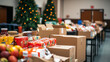 © Sabana - Community food donation event during holiday season with decorated trees and packaged goods