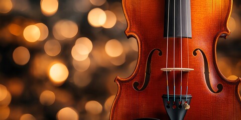 Close-up of a violin with bokeh lights in the background.