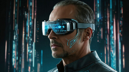 Man Humanoid in Futuristic High-tech VR Eyewear. Artificial intelligence concept