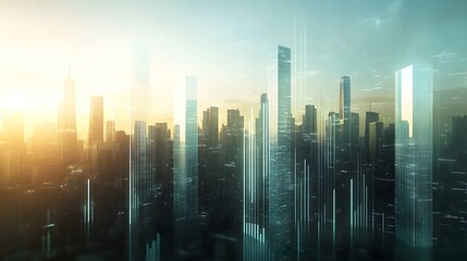 financial bar chart rising up with a city of tall towers and glass buildings
