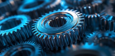 Aufkleber - Close-up of shiny metal gears interlocked, blue background.