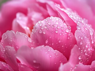 Close-up of a pink peony flower with water droplets on the petals.