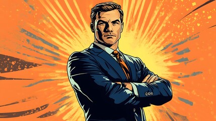 Confident Businessman with Arms Crossed in Front of a Bright Orange Background