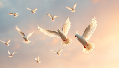 Generative AI image of white doves in the sky as a peace and spiritual symbol of Christian people