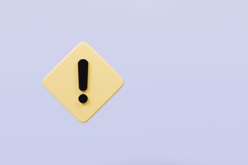 3D Warning Caution icon sign symbol isolated on purple background. Error alert safety concept.3d Minimal exclamation mark or attention warning icon. beware, watch out, be careful, danger. 3d render.