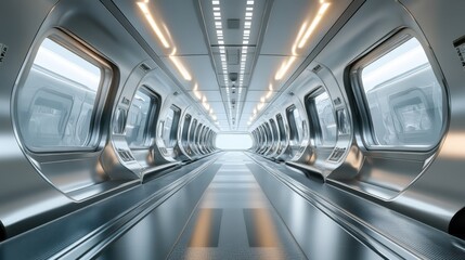 Wall Mural - A 3D-rendered corridor with soft, minimal design, featuring modern futuristic elements, lights on the ceiling, and large windows along the platform wall