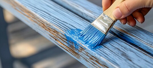 Close-up of a Hand Painting Wood with Blue Paint