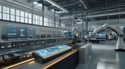 automated factory with robotic arm and digital interface