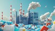 © wacharagorn - A factory emits smoke into a polluted environment filled with plastic waste, highlighting the impact of industrialization on nature.