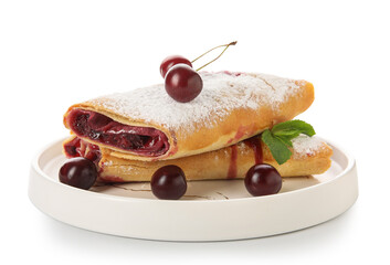 Poster - Plate with tasty cherry strudel and fresh berries on white background, closeup