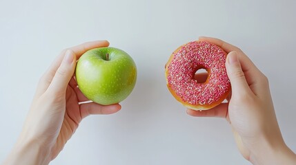 Healthy vs. Junk Food Dilemma: Hand Holding Apple and Donut in Soft Morning Light on White Background