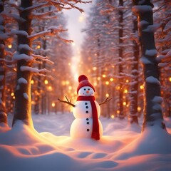 Snowman in glowing forest wearing red scarf surrounded by orange and golden Christmas lights
