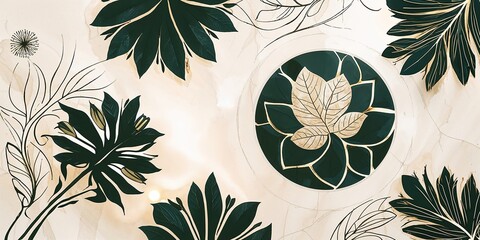 Sticker - Elegant green and gold floral pattern background design.