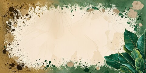 Canvas Print - Green leaves and watercolor splatters create a rustic border with copy space.