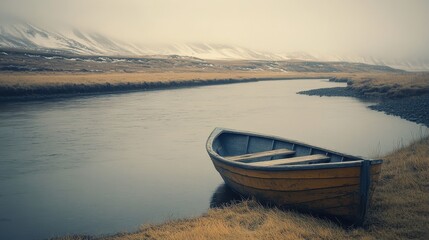 Naklejka na meble A wooden boat resting near a calm river, surrounded by grassland and snowy mountains on a foggy, overcast day.
