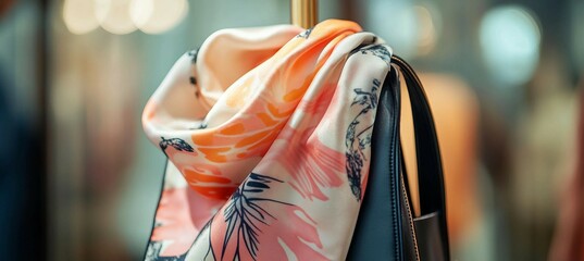 Floral Silk Scarf draped over a handbag