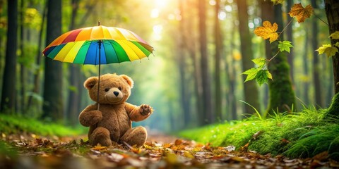 Wall Mural - Adorable bear holding a colorful umbrella made of leaves in a lush green forest , bear, cute, umbrella, leaves, forest, nature