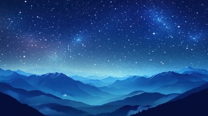 a mountain range with a blue sky and stars. the stars are scattered throughout the sky. the mountain