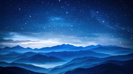 A mountain range with a blue sky and stars. The stars are scattered throughout the sky. The mountains are in the background and the sky is blue