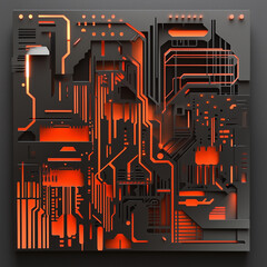 Futuristic circuit board with neon orange glowing elements