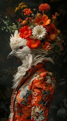 Naklejka na meble Bird Portrait with Floral Crown: Surreal and Ornate Photography