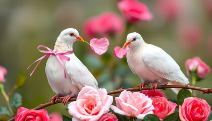 Two white doves with pink ribbons, holding rose petals in their beaks and sitting on thorns among roses.