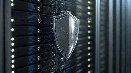 A digital shield hovers over servers, symbolizing cybersecurity protection and secure data flow in a high-tech environment.