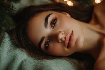 a woman lying on a massage spa bed, surrounded by calming candlelight. Her relaxed expression and the cozy spa atmosphere convey a sense of peace and tranquility.