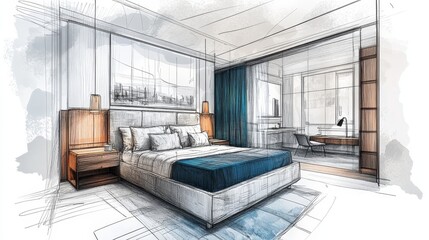 Minimalist Contemporary Bedroom Sketched Design with Bed, Nightstands, and Reading Corner in Blue and Grey Tones Wide-Angle Shot