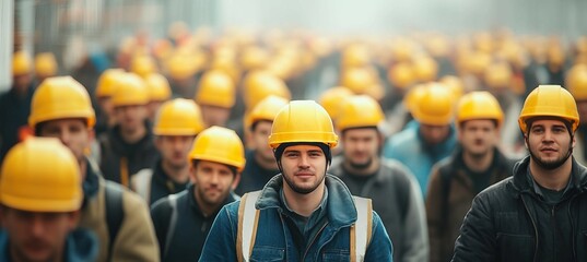 Crowd of Construction Workers in Hard Hats