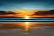 © Sanchai - Golden sunset over a calm ocean, with watercolor brushstrokes capturing the light reflecting off the water and the soft glow of the fading sun