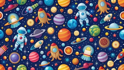 Wall Mural - vibrant seamless pattern depicting a space adventure with planets, stars, ufos, and astronauts, colo