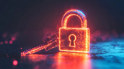 abstract neon glowing padlock and key security concept digital rendering 3d illustration