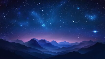 A mountain range with a blue sky and stars. The stars are scattered throughout the sky. The mountains are in the background and the sky is blue