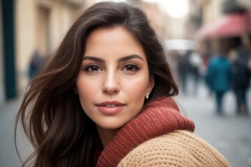 Wall Mural - A beautiful brunette woman wearing a knitted sweater on the street