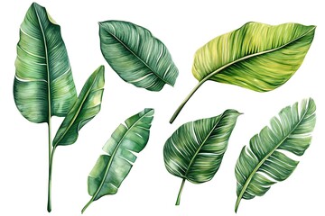 Palm leaves set in isolated background, watercolor botanical painting