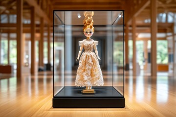 Wall Mural - Vintage porcelain doll in a glass display case, with delicate features, painted eyes, and an elegant lace dress, standing perfectly poised in a collectorâ€™s room