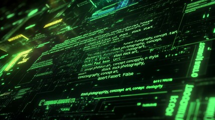 abstract digital code background with green and yellow glow