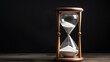 © Iona - A wooden hourglass filled with white sand stands on a wooden table, set against a dark, minimalist background, evoking thoughts of time and patience.