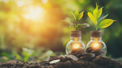 two light bulbs with plants growing from stacks of coins