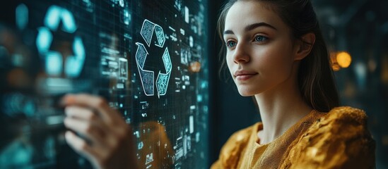 Wall Mural - a young woman interacts with a digital interface featuring a recycling symbol, highlighting the impo