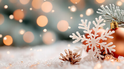 A close-up of a white snowflake ornament, pine cones, and a shiny orange Christmas ball on a bed of white snow with a bokeh of warm light.