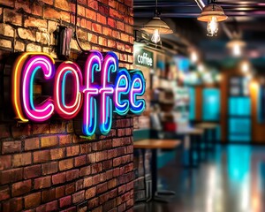 Illuminated coffee sign on a brick wall in a cozy cafe setting