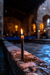 Canvas Print - A single candle burning brightly in a dimly lit stone church.