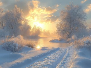 Wall Mural - a tranquil snow-covered landscape, softly illuminated by the golden rays of morning light, creating a serene and peaceful winter scene